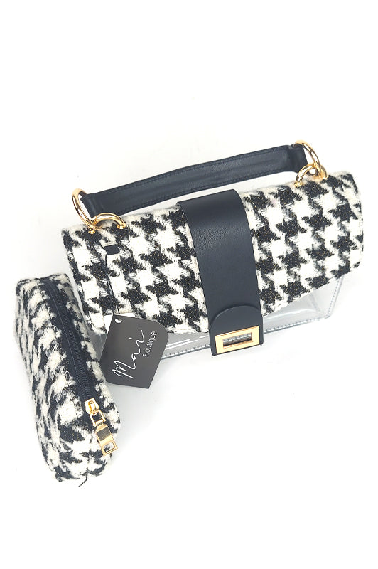 2In1 Houndstooth Tweed Black Clutch