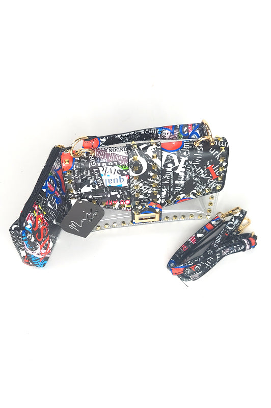 2In1 Letter Print Studded Transparent Clutch